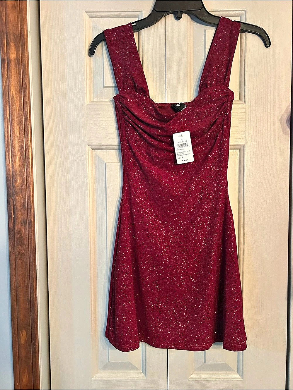 Windsor Glam Factor Glitter Knit Cowl Neck Mini Dress Burgundy Small